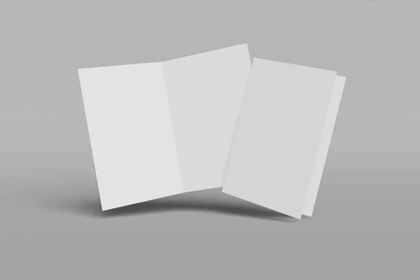 Dvě vertikální brožura, brožura, pozvánka izolovaná na šedém pozadí s pevným krytem a realistickým stínem. prostorové vykreslování. — Stock fotografie