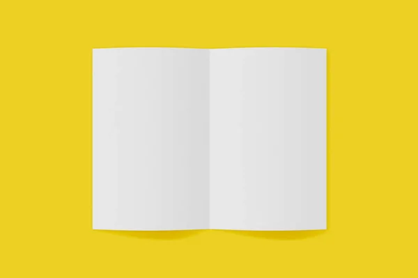 モックアップ垂直小冊子、パンフレット、招待状は、柔らかいカバーと現実的な影と黄色の背景に隔離されています。3D レンダリング. — ストック写真