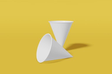 Sarı bir arka plan üzerinde şekilli iki beyaz kağıt mockup bardak koni seti. 3d render