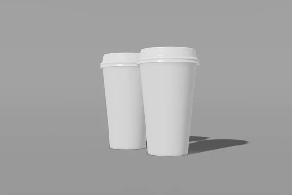 Set de dos vasos de papel blanco con tapa sobre fondo gris. Renderizado 3D — Foto de Stock