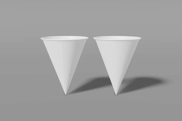 Conjunto de dos copas de papel blanco en forma de cono sobre un fondo gris. Renderizado 3D —  Fotos de Stock