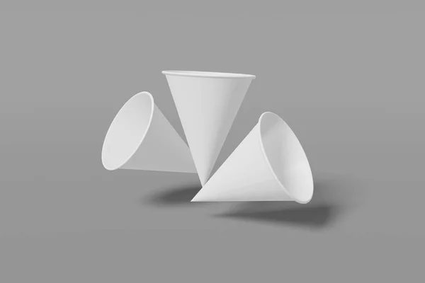 세 개의 흰색 종이 모형 컵 원뿔 모양의 회색 배경에 비행 의 집합입니다. 3D 렌더링 — 스톡 사진