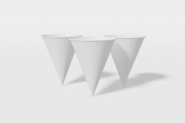 白い背景に形をした3つの白い紙のモックアップカップコーンのセット。3D レンダリング — ストック写真