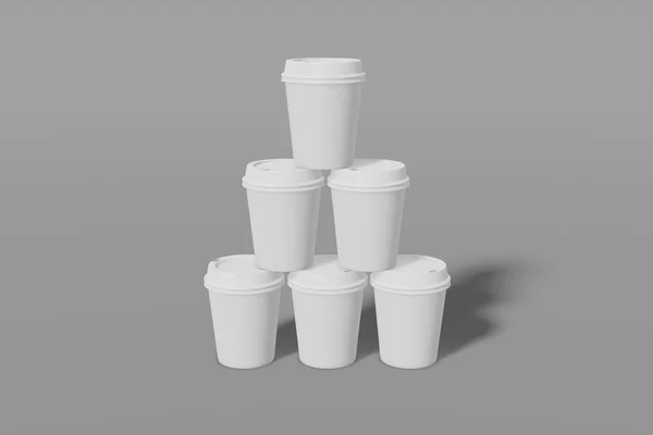 Set of six paper cup mockup with a lid stand in the shape of a pyramid on a grey background. 3D rendering