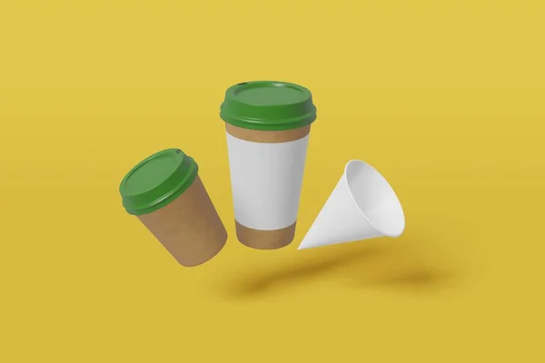 Conjunto de três copos de mockup de papel branco de tamanhos diferentes mosca grande, pequena e em forma de cone em um fundo amarelo. Renderização 3D — Fotografia de Stock