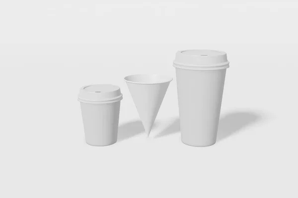 Набор из трех белых бумажных макетов чашек разных размеров - больших, маленьких и конусообразных на белом фоне. 3D рендеринг — стоковое фото