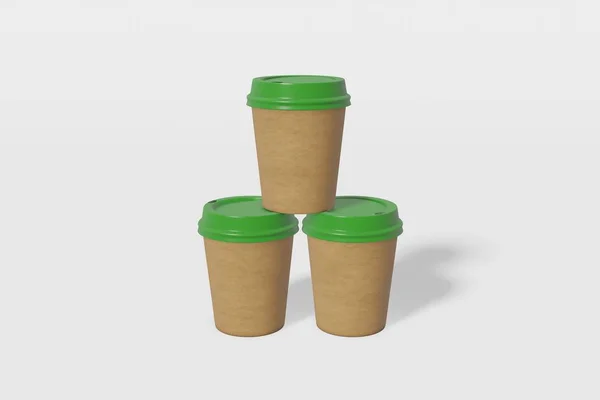 Set di tre tazza di carta marrone mockup con un coperchio verde stand a forma di piramide su uno sfondo bianco. Rendering 3D — Foto Stock