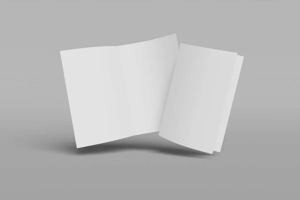 Zwei vertikale Booklet-Attrappen, Broschüre, Einladung isoliert auf grauem Hintergrund mit weichem Einband und realistischem Schatten. 3D-Darstellung. — Stockfoto