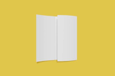 Üç kat kitapçık mockup sarı bir arka plan üzerinde açın. 3d render