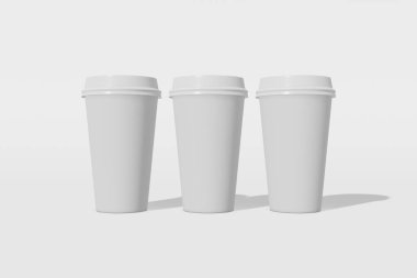 Beyaz bir arka plan üzerinde bir kapak ile üç beyaz kağıt mockup fincan ayarlayın. 3d render