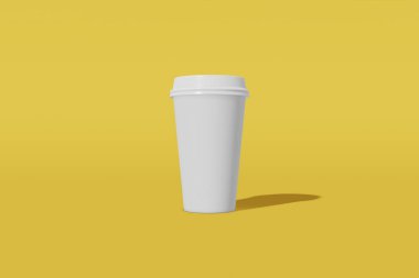 Sarı bir arka plan üzerinde bir kapak ile beyaz kağıt mockup fincan. 3d render