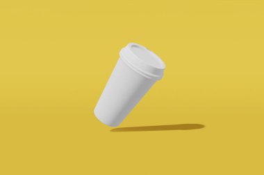 Bir kapak ile Kağıt bardak mockup sarı bir arka plan üzerinde uçar. 3d render