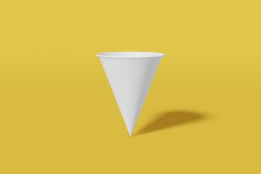 White paper mockup cup cone shaped on a yellow background. 3D rendering clipart