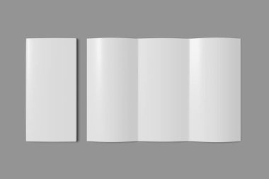 Üç kat kitapçık mockup kapalı ve gri bir arka plan üzerinde açın. 3d render