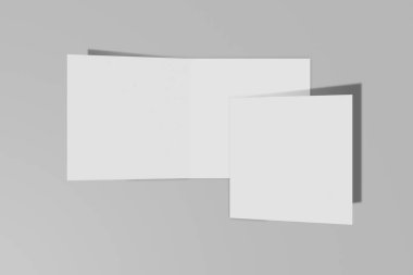 İki Mockup kare kitapçık, broşür, davet sert kapak ve gerçekçi gölge ile gri bir arka plan üzerinde izole. 3d render.