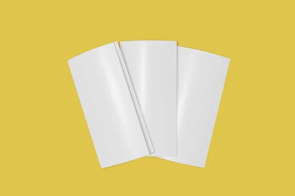 Tres Tri pliegue folleto maqueta cerrada sobre un fondo amarillo. Renderizado 3D —  Fotos de Stock