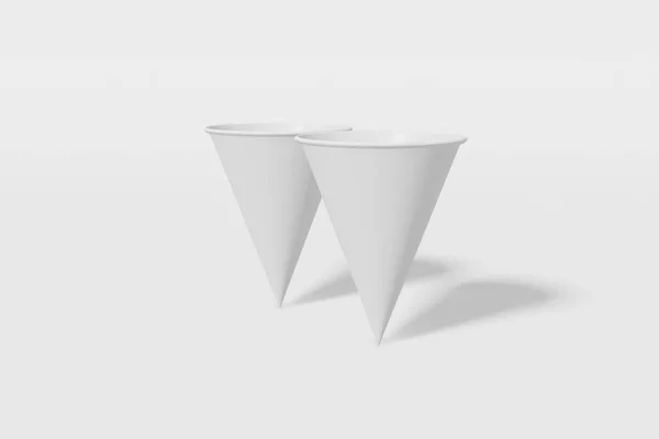 Conjunto de dois copos de mockup de papel branco em forma de cone sobre um fundo branco. Renderização 3D — Fotografia de Stock