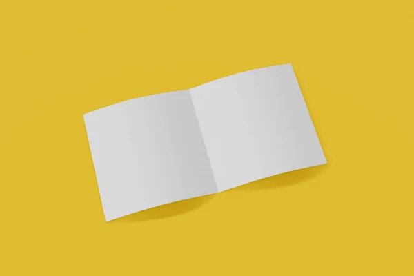 Čtyřhraná brožura, brožura, pozvánka izolovaná na žlutém pozadí s měkkým krytem a realistickým stínem. prostorové vykreslování. — Stock fotografie
