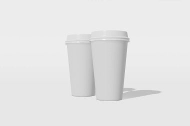 Beyaz bir arka plan üzerinde bir kapak ile iki beyaz kağıt mockup fincan ayarlayın. 3d render