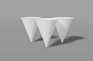 Set of three white paper mockup cups cone shaped on a grey background. 3D rendering clipart