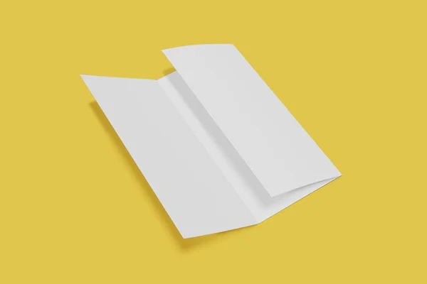 Tri fold broschyr utkast öppen på en gul bakgrund. 3D-rendering — Stockfoto