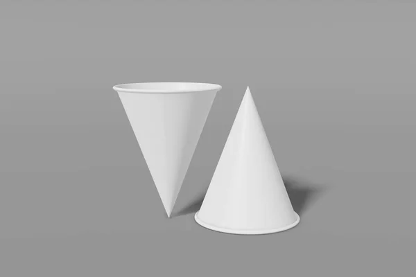 Дві паперові чашки маскують конус у формі сірого фону. Одна з чашок перевертається догори дриґом. 3D візуалізація — стокове фото