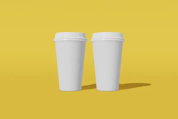 Conjunto de dois copos de mockup de papel branco com uma tampa sobre um fundo amarelo. Renderização 3D — Fotografia de Stock