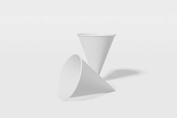 Σετ από δύο λευκές χάρτινες κούπες με σχήμα κώνο σε λευκό φόντο. απόδοση 3D — Φωτογραφία Αρχείου