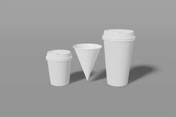 Set of three white paper mockup cups of different sizes - large, small and cone shaped on a grey background. 3D rendering
