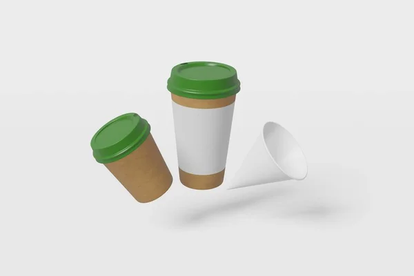 Набор из трех белых бумажных макетов чашек разных размеров - больших, маленьких и конусообразных мух на белом фоне. 3D рендеринг — стоковое фото