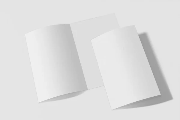 Folleto vertical de dos Mockup, folleto, invitación aislada sobre un fondo blanco con cubierta suave y sombra realista. Renderizado 3D . — Foto de Stock