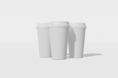 Beyaz bir arka plan üzerinde bir kapak ile üç beyaz kağıt mockup fincan ayarlayın. 3d render