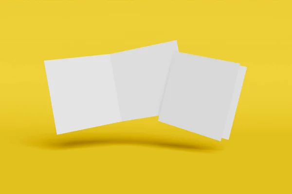 Dois folheto quadrado Mockup, brochura, convite isolado em um fundo amarelo com capa dura e sombra realista. Renderização 3D . — Fotografia de Stock