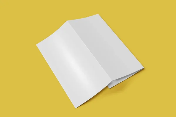 Три складки буклету макет відкритий на жовтому тлі. 3D візуалізація — стокове фото