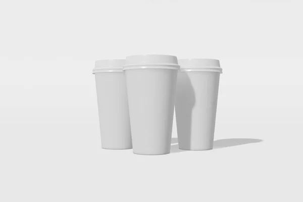 흰색 배경에 뚜껑이있는 3 개의 흰색 종이 모형 컵 세트. 3D 렌더링 — 스톡 사진