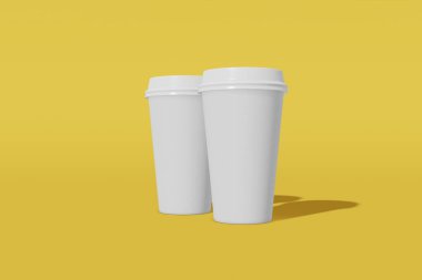 Sarı bir arka plan üzerinde bir kapak ile iki beyaz kağıt mockup fincan ayarlayın. 3d render
