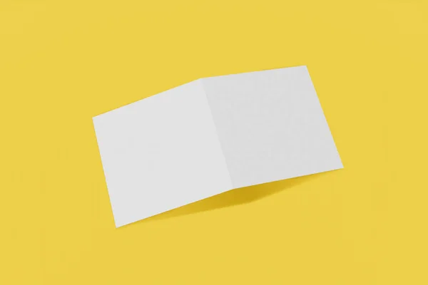 Folheto quadrado Mockup, brochura, convite isolado em um fundo amarelo com capa dura e sombra realista. Renderização 3D . — Fotografia de Stock