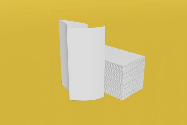 Montón de tripliegue en blanco folleto maqueta sobre un fondo amarillo. Renderizado 3D — Foto de Stock