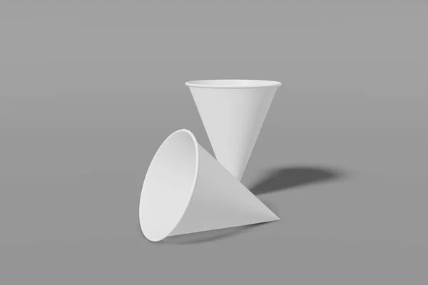 Conjunto de dos copas de papel blanco en forma de cono sobre un fondo gris. Renderizado 3D — Foto de Stock