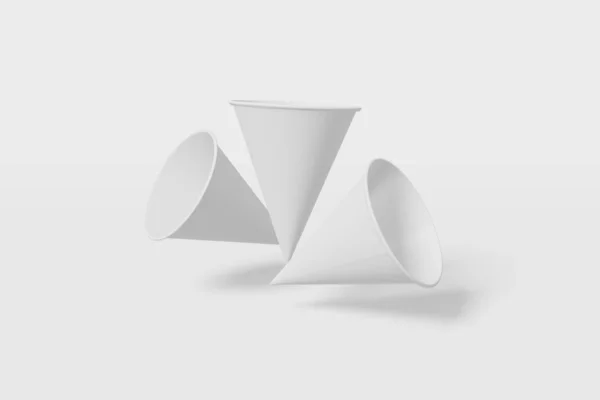 Set aus drei weißen Papier-Attrappen kegelförmig fliegen auf weißem Hintergrund. 3D-Darstellung — Stockfoto