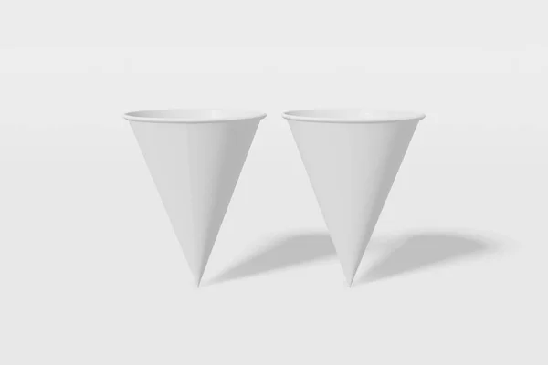 Conjunto de dois copos de mockup de papel branco em forma de cone sobre um fundo branco. Renderização 3D — Fotografia de Stock