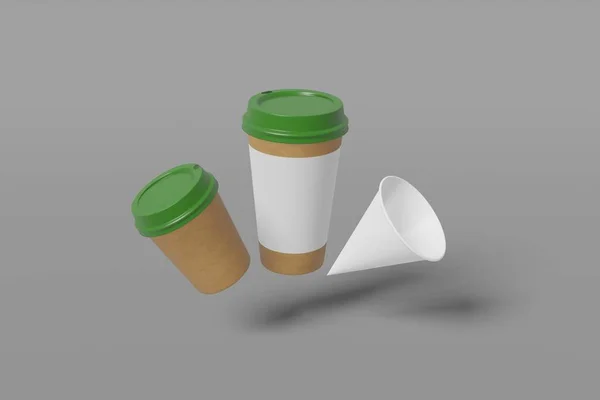 異なるサイズの3つの白い紙のモックアップカップのセット - 灰色の背景に大きく、小さく、コーン形のフライ。3D レンダリング — ストック写真