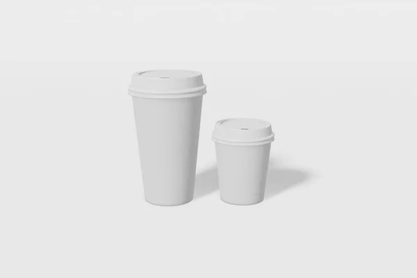 Два макета бумажных стаканчиков разных размеров с крышкой на белом фоне. 3D рендеринг — стоковое фото