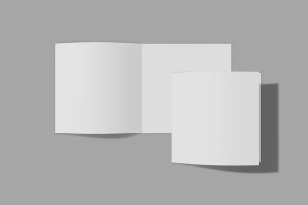 Два макета квадрата буклета, брошюра, приглашение изолированы на сером фоне с мягкой обложкой и реалистичной тенью. 3D рендеринг . — стоковое фото
