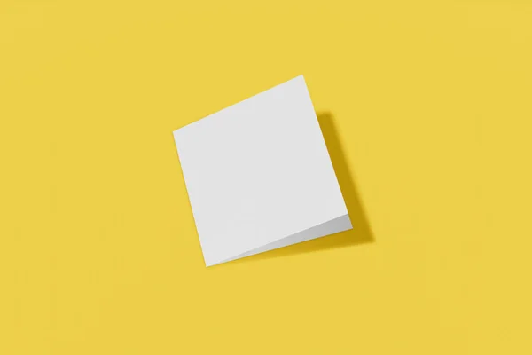 Mockup vierkante boekje, brochure, uitnodiging geïsoleerd op een gele achtergrond met harde kaft en realistische schaduw. 3D-rendering. — Stockfoto