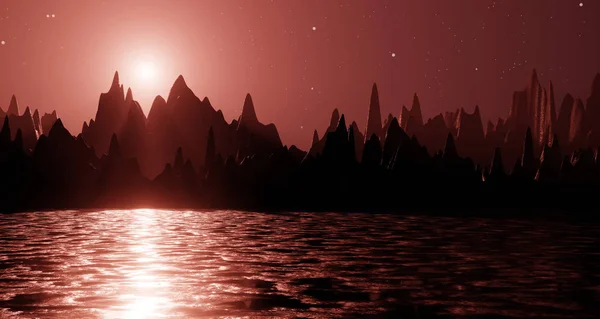 Sci fi yabancı gezegen manzara fütüristik dağlar gerçeküstü aydınlatma yıldız gökyüzü uzay seyahat 3d render — Stok fotoğraf