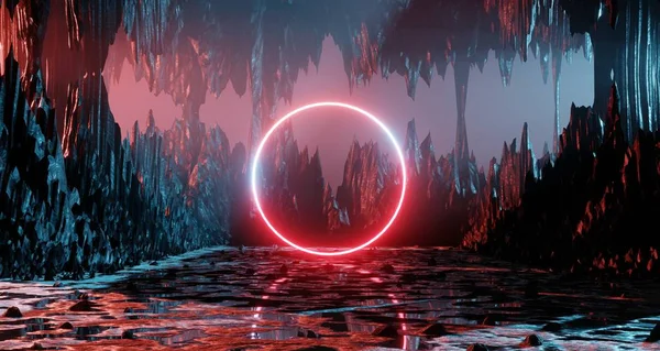 Sci fi alien planet landscape futuristic rock surreal lighting space travel glow ring red neon light 3D rendering — Stock Photo, Image