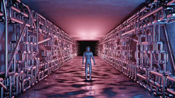 Sci fi interior futurista quarto corredor garagem alienígena nave espacial tubos comunicação brilhante neon luz nevoeiro homem silhueta figura astronauta terno brilhante renderização 3D — Fotografia de Stock