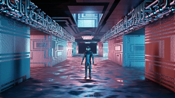 Sci fi interior futuristic room corridor garage alien space ship pipes communication glowing neon light fog man silhouette figure spacesuit shiny suit astronaut 3D rendering