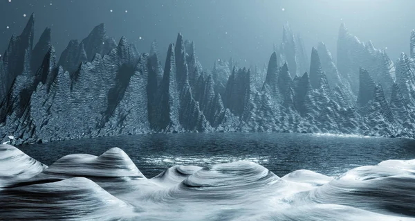 Sci fi yabancı gezegen manzara fütüristik dağlar gerçeküstü aydınlatma yıldız gökyüzü uzay seyahat 3d render — Stok fotoğraf
